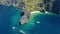 Sea mountains, travel yacht and drone aerial perspective view of boat destination, tropical nature landscape or water