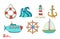 Sea object. Ocean set. Marine icon. Anchor, steering wheel and life ring. Illustrations of a lighthouse, a sailboat and