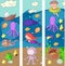 Sea and ocean adventure Kindergarten, preschool, school children. Kids aquapark. Underwater. Mermaid, octopus, fishes