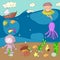 Sea and ocean adventure Kindergarten, preschool, school children. Kids aquapark. Underwater. Mermaid, octopus, fishes