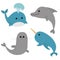 Sea ocean animal fauna set. Blue whale, dolphin, narwhal, seal. Big fish. Water inhabitant. Cute cartoon baby character collection