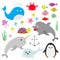 Sea ocean animal fauna set. Fish, whale,dolphin, turtle, star, crab, jellyfish, anchor, seaweed, waves Cute cartoon character