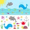 Sea ocean animal fauna set. Fish, whale,dolphin, turtle, star, crab, jellyfish, anchor, seaweed, waves Cute cartoon character coll