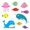 Sea and ocean animal set. Isolated. Fish, jellyfish, narwhal, whale, x-ray fish.