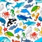 Sea ocean cartoon animals, fishes vector pattern
