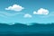 Sea or ocean cartoon landscape with sky and clouds. Seamless water waves background for computer game design