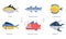 Sea and Ocean Fishes Collection, Tuna, Barracuda, Flounder, Dorado, Angler Fish, Permit Vector Illustration