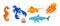 Sea ocean underwater animals. Different sea animals fish of seafood collection seahorse, stingray, shark, killer whale, lobster,