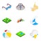 Sea pastime icons set, isometric style