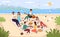 Sea picnic. Young happy people drink and eat on beach, friends relax at ocean shore and have lunch together, men and women lie and