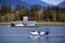 Sea plane and Chevron marine fuel barge in Vancouver, Canada