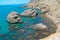 Sea and rocks in shape of Skull. Landscape at Cape Meganom, the east coast of the peninsula of Crimea. Mystical concept, Colorful