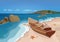 Sea, sand beach and wooden boat with oars, vector colorful graphic drawing. Sandy shore with starfish and seashells, sea waves