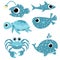 Sea set - cute shark, puffer fish, whale, crab, turtle and deep sea fish