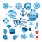 Sea set of ship, sailboat, sea gear, sea creatures