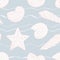Sea shell vector seamless pattern. Textured seashells, stars background. Summer line doodle shapes on blue, underwater