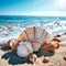 sea shells at beach, hyperrealistic photography, style of unspla