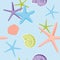 Sea shells collection. Different seashells, starfish, seamless pattern.