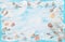 Sea shells fishing net blue wooden board Flat lay