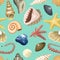 Sea shells marine cartoon clam-shell and ocean starfish vector illustration coral coralline seamless pattern background