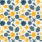 Sea shells, rocks, sand on the coast. Seamless pattern in blue and yellow. For pattern fills, wallpaper, print for