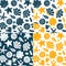 Sea shells, rocks, sand on the coast. Seamless pattern in blue and yellow. For pattern fills, wallpaper, print for