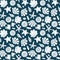 Sea shells, rocks, sand on the coast. Seamless pattern in blue and yellow. For pattern fills, wallpaper, print for