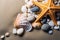 Sea shells on the sand. Starfish sea stones and seashells background.