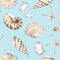 Sea shells, seamless pattern, marine background. Watercolor tropical beach design. Repeat fabric wallpaper print texture. Perfectl