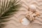 Sea shells with starfishes and tropical leaf on sand