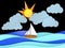 Sea, ship and cloud with separate layers in 2d graphic, 3d Illustration on black background