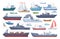 Sea shipping boats, cartoon ships, yacht and motorboat. Travel ocean cruise boat, fishing and cargo shipping boats flat vector
