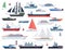 Sea ships. Fishing boat and big vessel for ocean travel on white background design vector shipping set