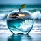 The sea should serve as the underlying backdrop, with its details subtly incorporated into the glossy glass apple