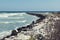 Sea side landscape midday with beautiful waves rocks and gulls