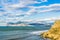 Sea, sky, clouds, mountains, sandy beach