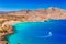 Sea skyview landscape photo of Agia Agathi beach near Feraklos castle on Rhodes island, Dodecanese, Greece. Panorama with sand