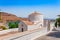 Sea skyview landscape photo bay and orthodox church in Lindos on Rhodes island, Dodecanese, Greece. Panorama with nice sand beach