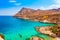 Sea skyview landscape photo of coast near Stegna beach and Archangelos on Rhodes island, Dodecanese, Greece. Panorama with sand