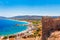 Sea skyview landscape photo from Feraklos castle near Agia Agathi beach on Rhodes island, Dodecanese, Greece. Panorama with sand