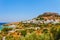 Sea skyview landscape photo Lindos bay and castle on Rhodes island, Dodecanese, Greece. Panorama with ancient castle and clear