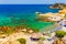 Sea skyview landscape photo of picturesque beach near Stegna and Archangelos on Rhodes island, Dodecanese, Greece. Panorama with