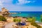 Sea skyview landscape photo of picturesque beach near Stegna and Archangelos on Rhodes island, Dodecanese, Greece. Panorama with