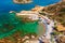Sea skyview landscape photo of picturesque beach near Stegna and Archangelos on Rhodes island, Dodecanese, Greece. Panorama with