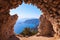 Sea skyview landscape photo from ruins of Monolithos castle on Rhodes island, Dodecanese, Greece. Panorama with green mountains