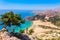 Sea skyview landscape photo Tsambika bay on Rhodes island, Dodecanese, Greece. Panorama with nice sand beach and clear blue water