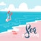 Sea snorkeling- Colorful flat vector cartoonstyle art with a diving woman in flippers. Sand beach landscape. Travel concept.Vector