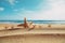 Sea starfish family, walking on beach near the sea background is a sea, with clear water, blue sky, and white cloud, on sunny day