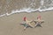 Sea-stars couple in santa hats on the sand.