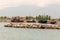 Sea stones marina, touristic and fishermen boats and ships in small bay and Olympus mount on the background